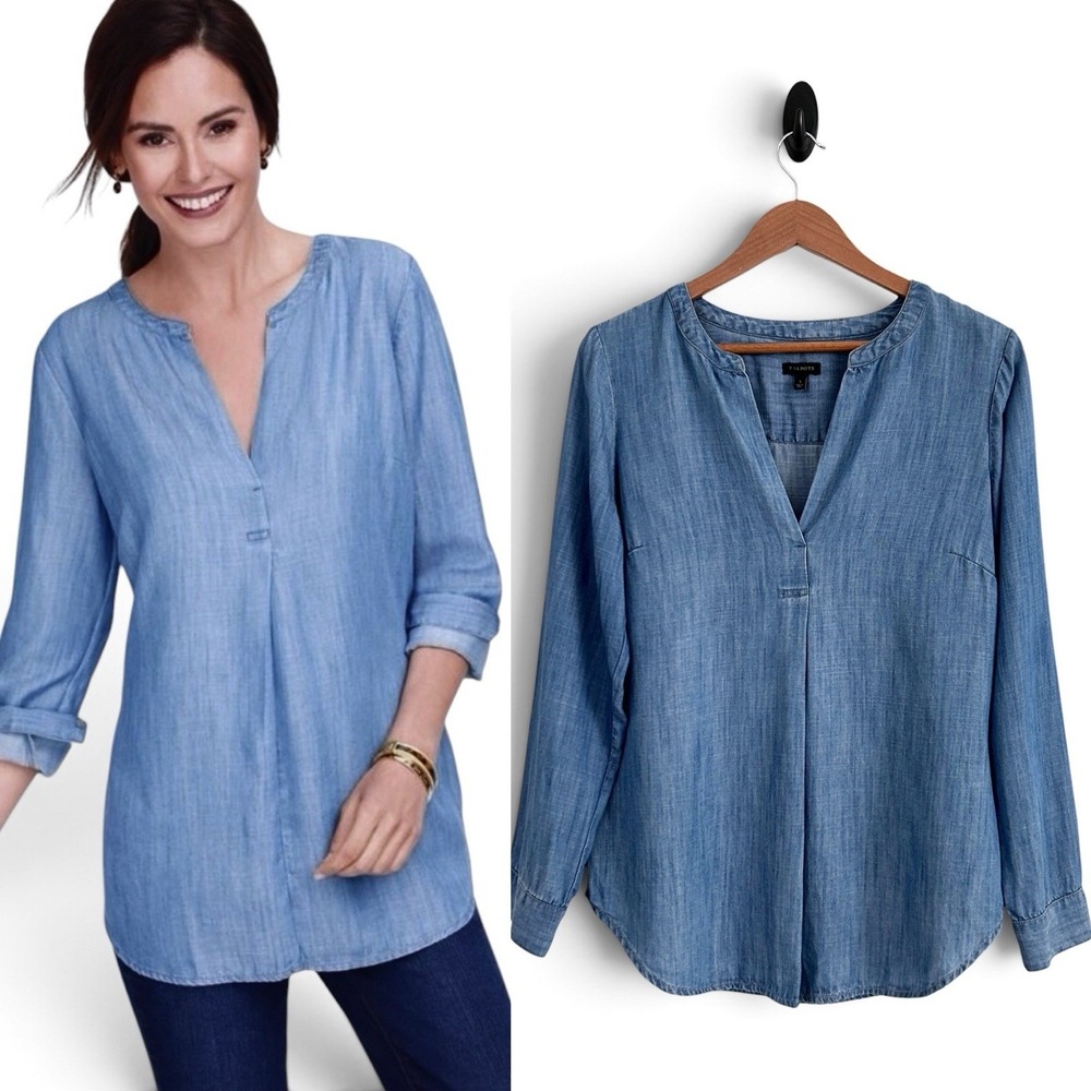 Talbots Women Small Blue 100% Tencel Chambray Long Sleeve Popover Blouse Top NEW